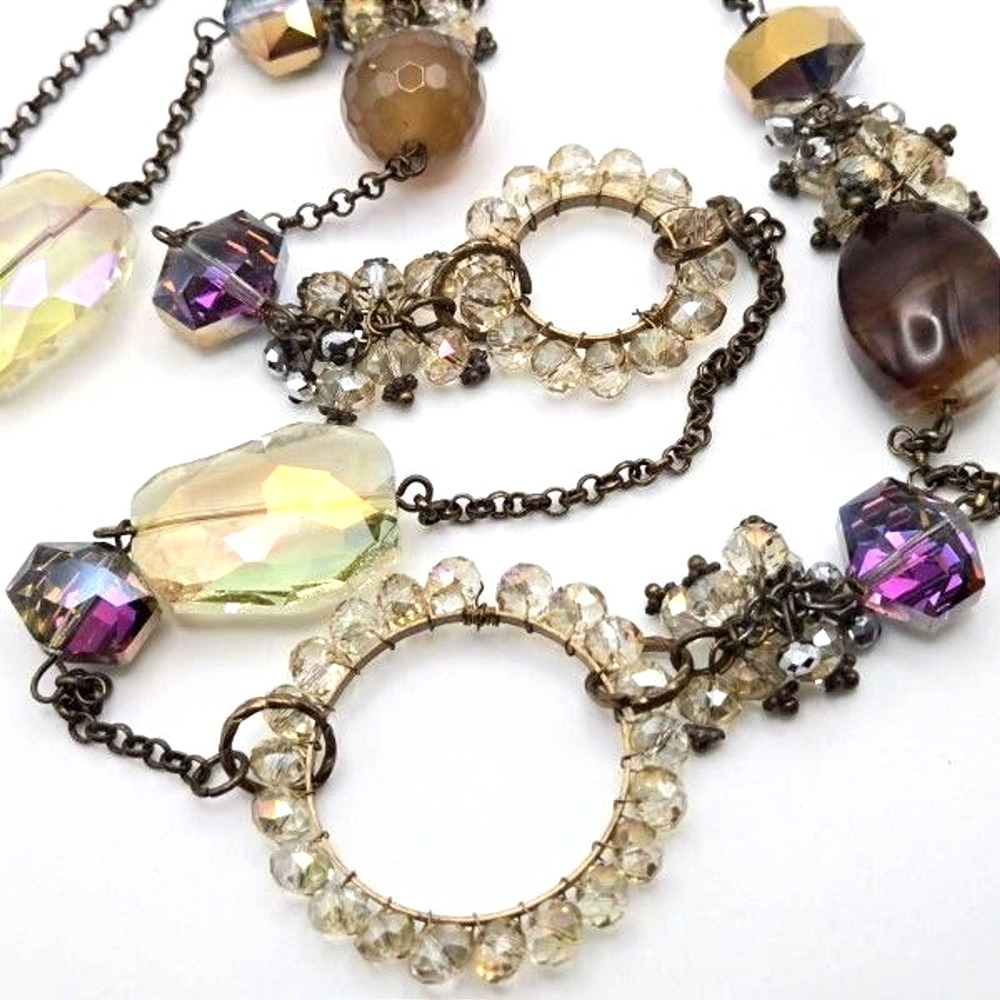 Long Bronzetone Necklace with Smoky and Purple AB‎ Glass Beads